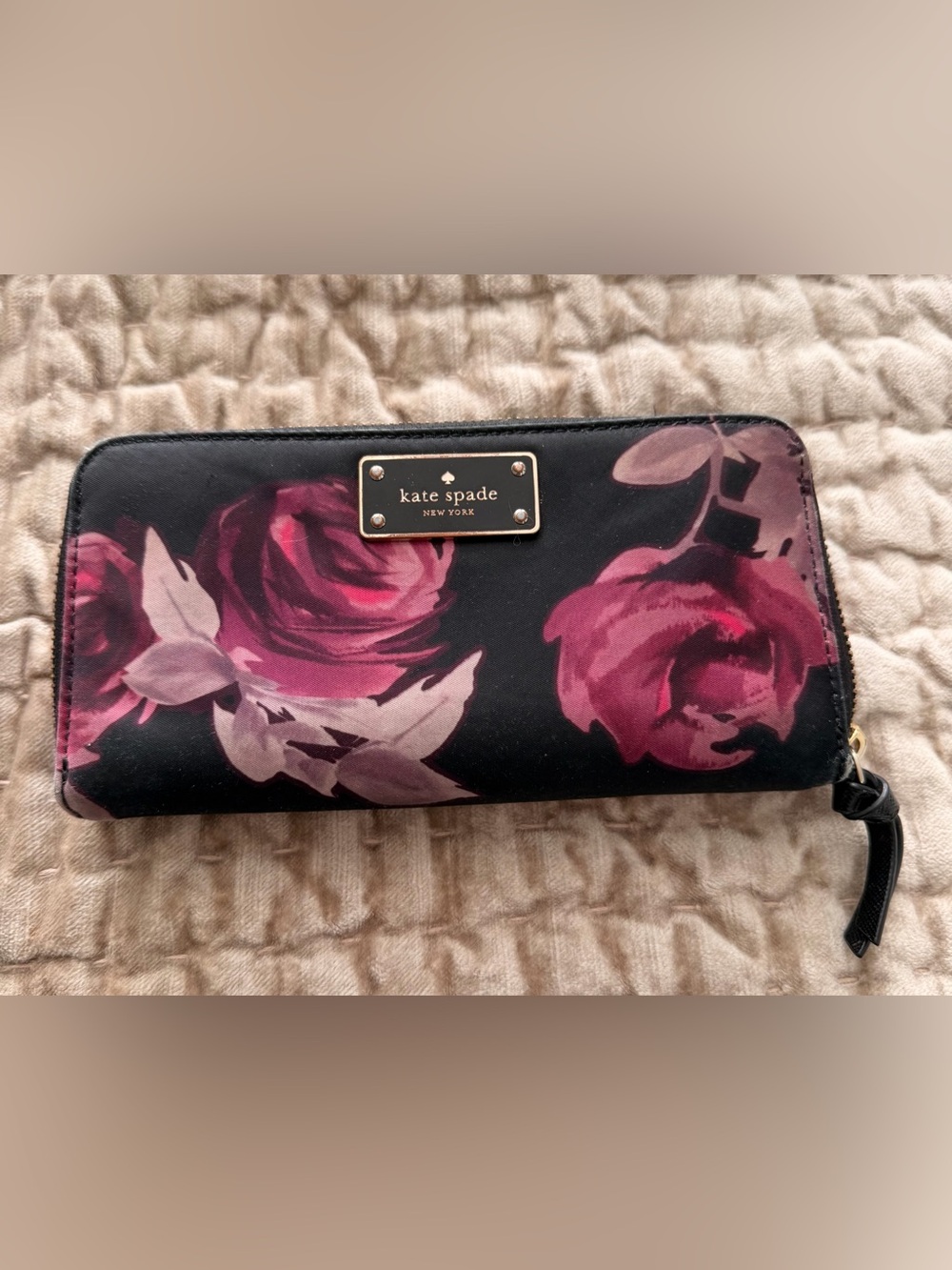 kate spade Black Wallet with Pink Rose Floral Print and Gold Plaque